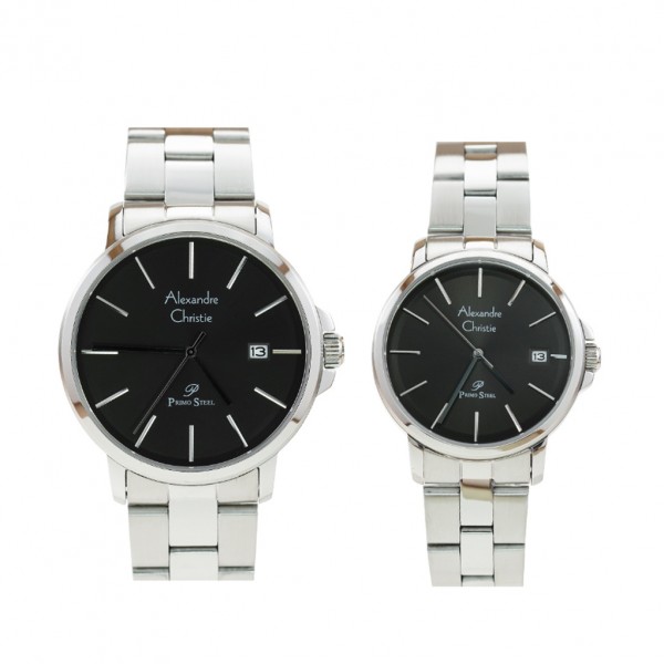 Alexandre Christie AC 1032 Silver Black Steel Couple